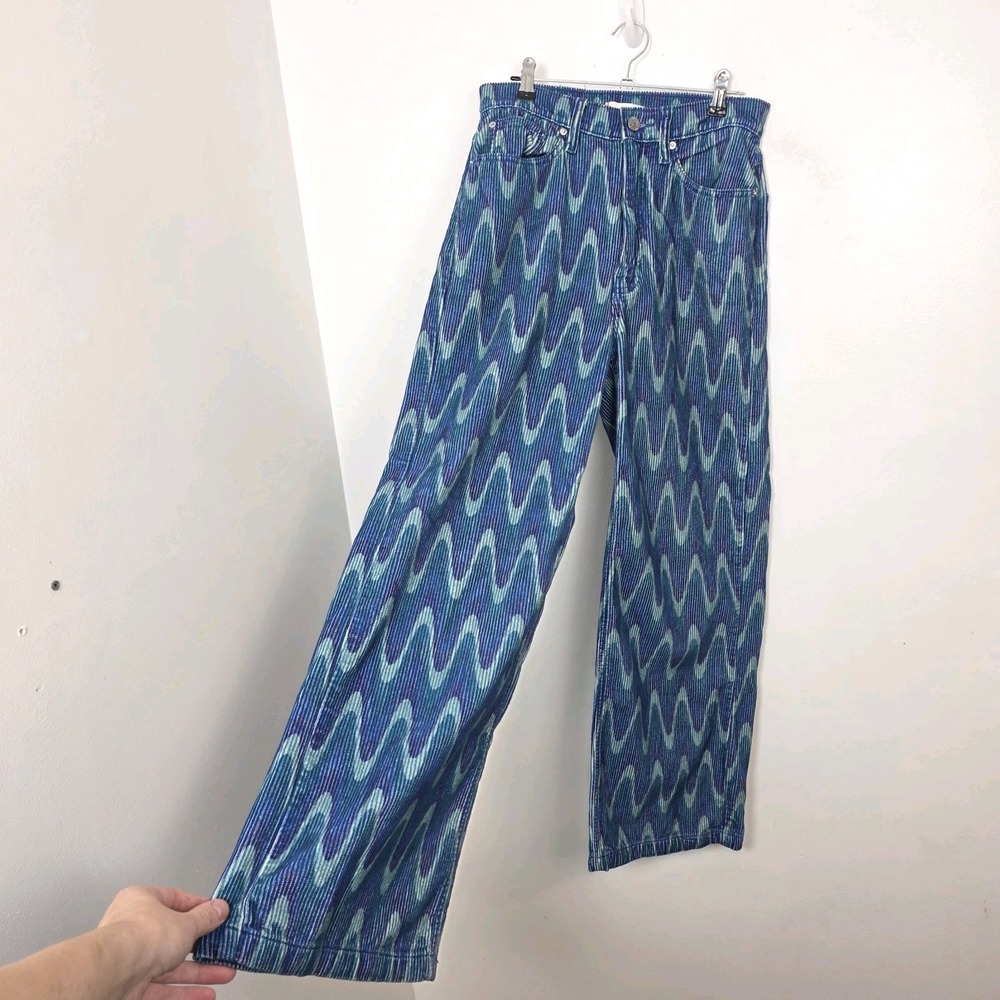 BDG Blue Green Corduroy Retro Zig Zag High & Wide Leg Funky Groovy Pants Size 27